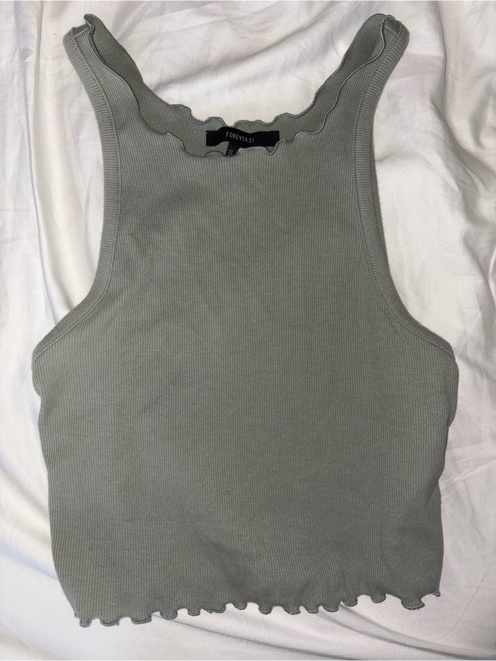 Forever 21 Light Sage Ribbed Lettuce-Edge Tank